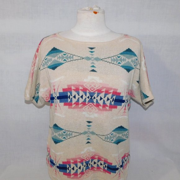 Chaps Womens L Southwestern Aztec Tribal Knit Short Sleeve Sweater Linen Blend - Picture 1 of 11